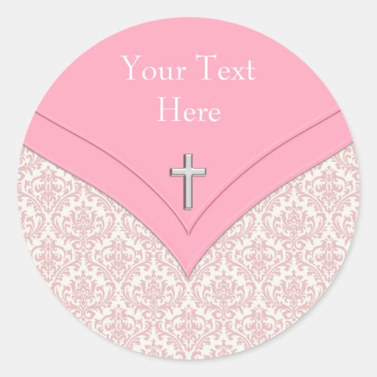 Elegant Rosa Damask Christening Stickers (Vorderseite)