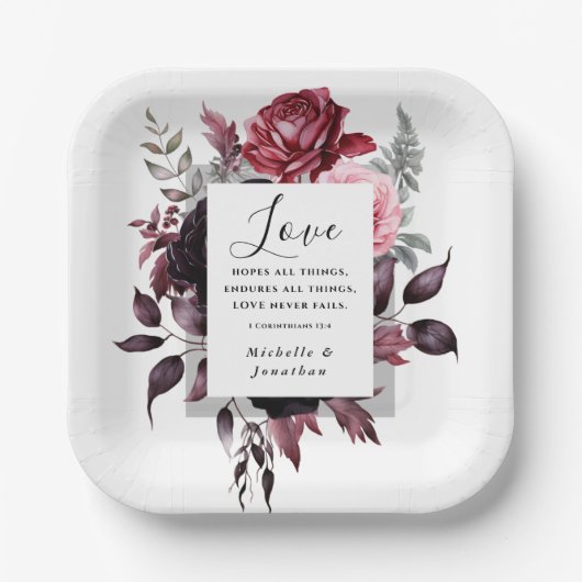 Elegant Rosa Dunkelgrau Blätter Bibel Hochzeit Pappteller (Vorderseite)