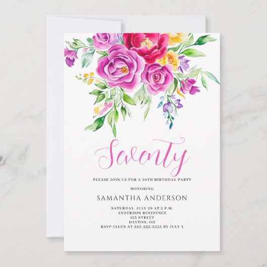 Elegant Rosa Flora 70. Geburtstag Einladung (Vorderseite)