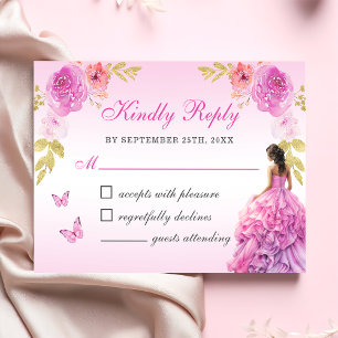 Elegant Rosa Flora Quinceñera RSVP Karte