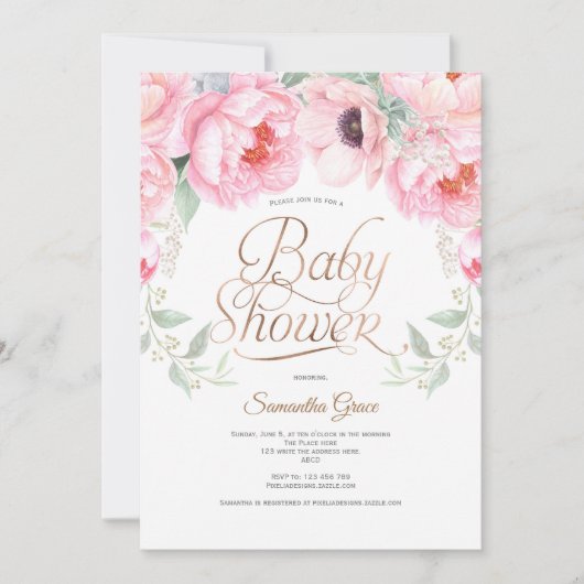 Elegant, rosa, floral, Baby Girl Shower Einladung (Vorderseite)