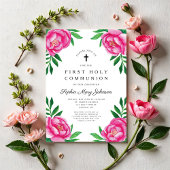 Elegant Rosa Floral First Communion Einladung