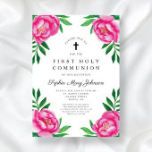 Elegant Rosa Floral First Communion Einladung