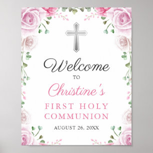 Elegant Rosa Floral First Heilige Kommune Willkomm Poster