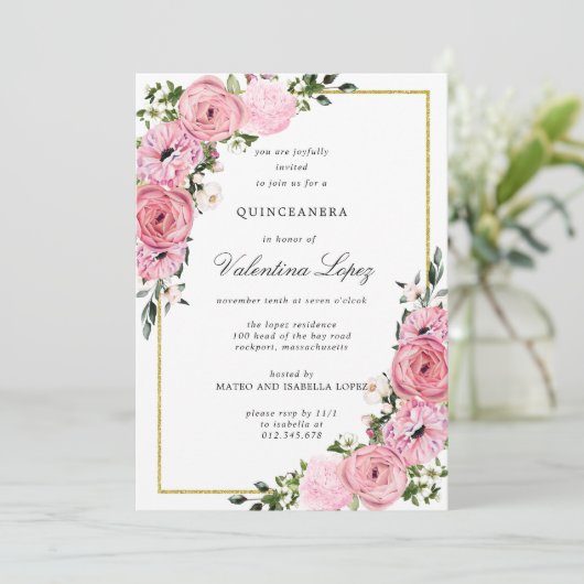 Elegant Rosa Floral Quinceanera Einladung (Stehend Vorderseite)