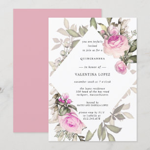 Elegant Rosa Floral Quinceanera Einladung