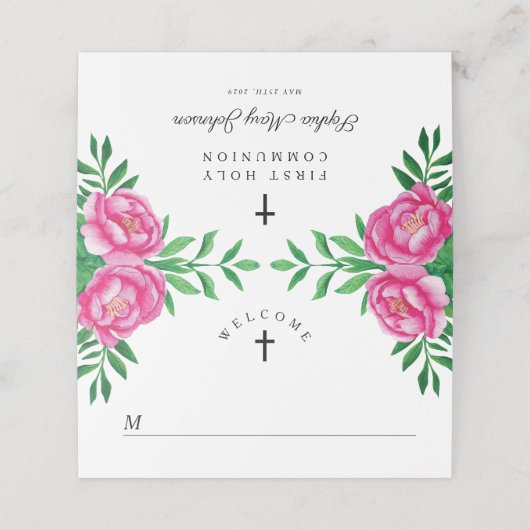Elegant Rosa Floral Wasserfarbe Erste Kommune Platzkarte (Außenseite Aufgefaltet)