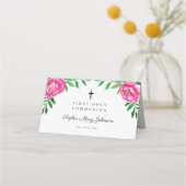 Elegant Rosa Floral Wasserfarbe Erste Kommune Platzkarte (Rückseite)