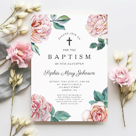 Elegant rosa florale religiöse Kreuztaufe Einladung