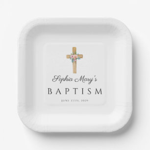 Elegant rosa florale religiöse Kreuztaufe Pappteller
