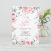 Elegant, rosa, florale Wasserfarbe, Sip and See Einladung (Stehend Vorderseite)