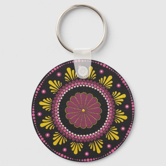 Elegant Rosa Gold Mandala, Boho Zen Dot Art Blume Schlüsselanhänger (Vorderseite)