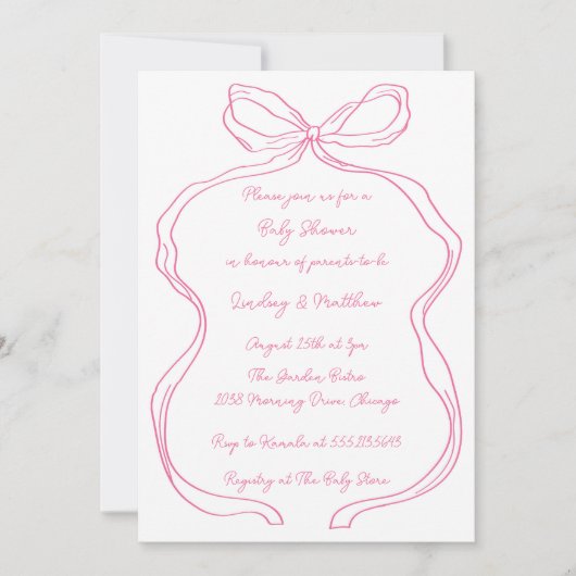Elegant Rosa Handgezeichnete Coquette Bow Baby Dus Einladung (Vorderseite)