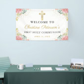 Elegant Rosa Korallen Floral Erste Heilige Kommune Banner (Messeveranstaltung)