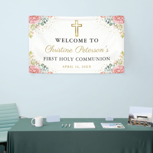 Elegant Rosa Korallen Floral Erste Heilige Kommune Banner (Messeveranstaltung)