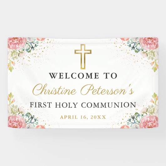 Elegant Rosa Korallen Floral Erste Heilige Kommune Banner (Horizontal)
