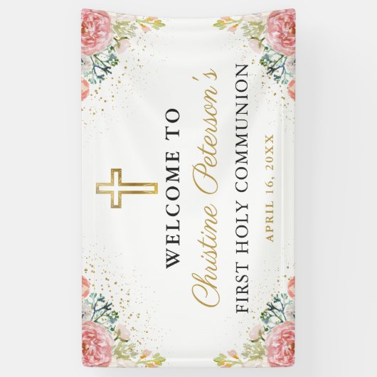 Elegant Rosa Korallen Floral Erste Heilige Kommune Banner (Vertikal)