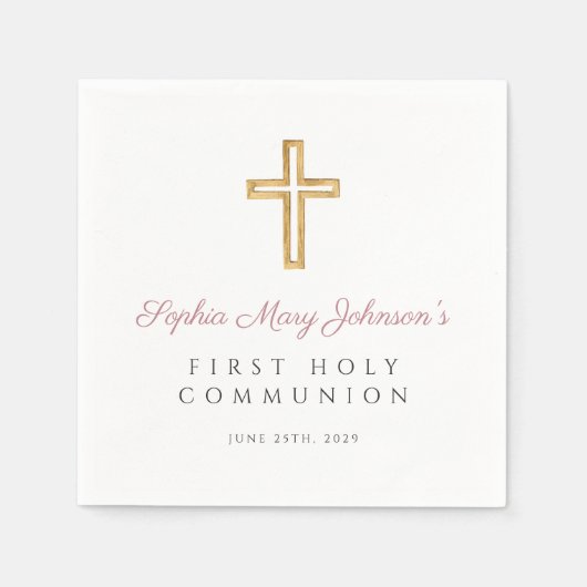 Elegant Rosa Kreuz Kirchenmädchen Erste Kommune Serviette (Vorderseite)