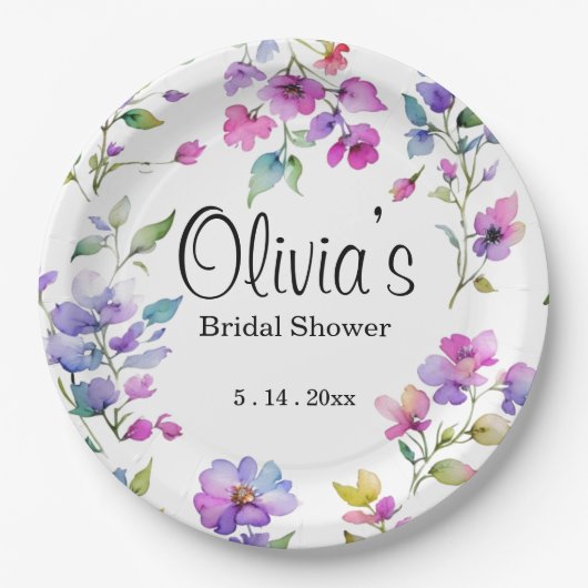 Elegant rosa lila Aquarellfarben-Wildblumen Pappteller (Vorderseite)