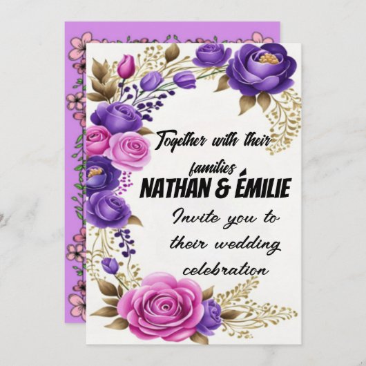 Elegant Rosa lila Hochzeitseinladung Einladung (Vorne/Hinten)
