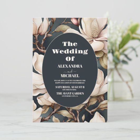 Elegant Rosa Magnolien und Grüne Einladung (Stehend Vorderseite)