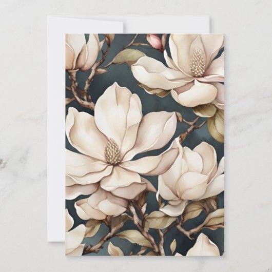 Elegant Rosa Magnolien und Grüne Einladung (Rückseite)