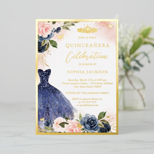 Elegant Rosa Navy Floral Tiara Kleid Quinceanera Folieneinladung (Stehend vorne)