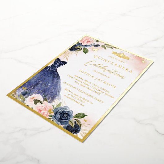 Elegant Rosa Navy Floral Tiara Kleid Quinceanera Folieneinladung (Gedreht)