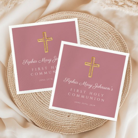 Elegant Rosa Religious Cross Girl First Communatio Serviette