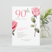 Elegant Rosa Rose 90. Geburtstagsparty Einladung (Stehend Vorderseite)