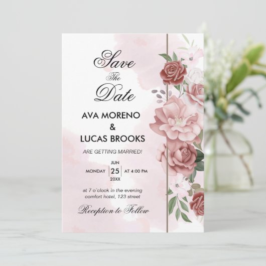 Elegant Rosa Rose Blumengestalt Grün Romantisch Einladung (Stehend Vorderseite)