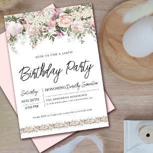 Elegant Rosa Rose Floral 100. Geburtstag Einladung