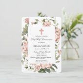 Elegant Rosa Rose Floral Erste Heilige Kommune Einladung (Stehend Vorderseite)