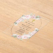 Elegant Rosa Rose Floral Erste Kommune Acryleinladungen (Ablage )