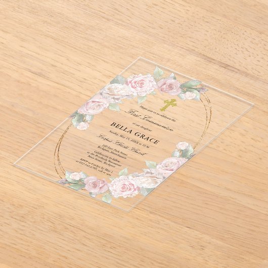 Elegant Rosa Rose Floral Erste Kommune Acryleinladungen (Ablage )