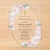 Elegant Rosa Rose Floral Erste Kommune Acryleinladungen (Vorderseite)