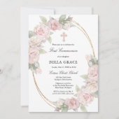 Elegant Rosa Rose Floral Erste Kommune Einladung (Vorderseite)