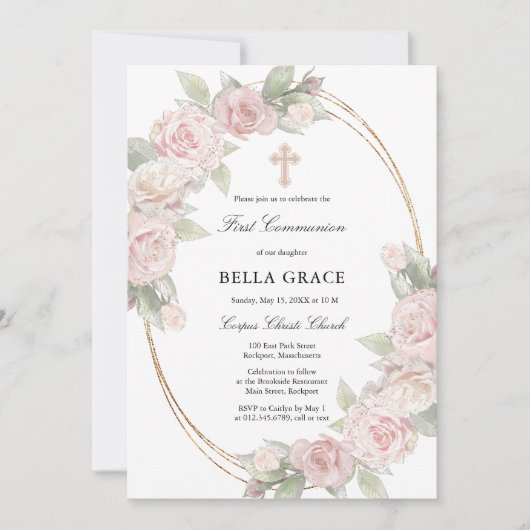 Elegant Rosa Rose Floral Erste Kommune Einladung (Vorderseite)