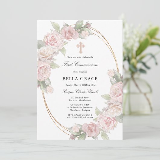 Elegant Rosa Rose Floral Erste Kommune Einladung (Stehend Vorderseite)