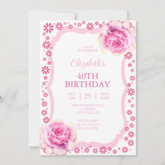 Elegant Rosa Rose Floral Weiß 40. Geburtstag Einladung