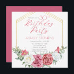 Elegant Rosa Rose | Gold Frame 30. Geburtstag Part Einladung<br><div class="desc">Elegante und klassische rosa und weiße Rosenblüte mit schlauem Grün "Birthday Party" Drehtext-Design mit geometrischem goldfarbenem Rahmen.</div>
