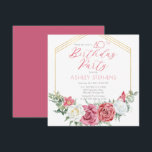Elegant Rosa Rose | Gold Frame 40. Geburtstag Part Einladung<br><div class="desc">Elegante und klassische rosa und weiße Rosenblüte mit schlauem Grün "Birthday Party" Drehtext-Design mit geometrischem goldfarbenem Rahmen.</div>
