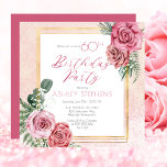 Elegant Rosa Rose |Gold Frame 60. Geburtstagsparty Einladung<br><div class="desc">Elegante und klassische Rosa und Weiß Rosa Blüte mit schlängelgrüner Grüne "Birthday Party" Drehtext-Design mit geometrischen goldfarbenen Linien rechteckigen Rahmen.</div>