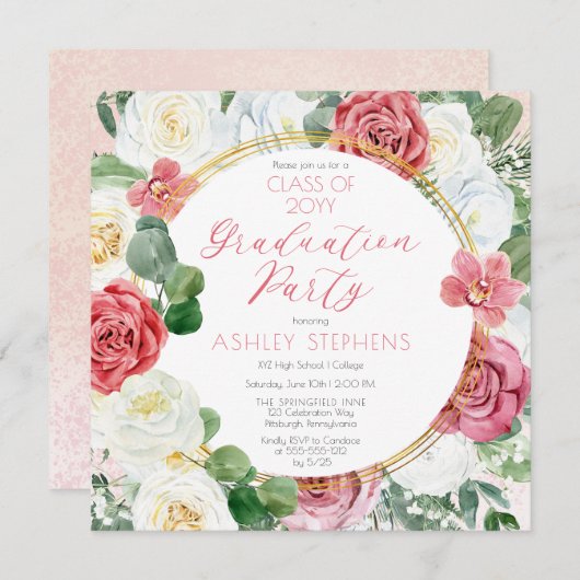 Elegant Rosa Rose | Gold Frame Graduation Party Einladung (Vorne/Hinten)