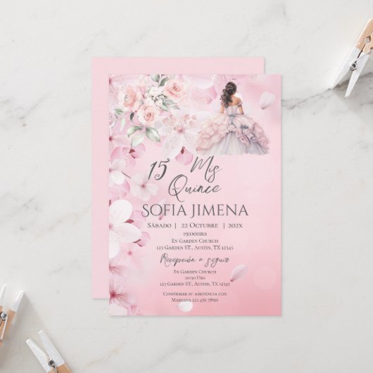 Elegant Rosa Rose Quinceanera Einladung (Vorderseite/Rückseite Beispiel)