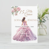Elegant Rosa Rose Quinceanera Einladung (Stehend Vorderseite)
