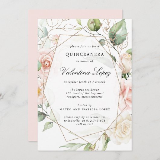 Elegant Rosa Rose Rose Quinceanera Einladung (Vorne/Hinten)