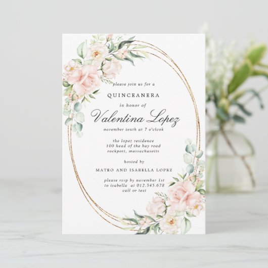 Elegant Rosa Rose Rose Quinceanera Einladung (Stehend Vorderseite)