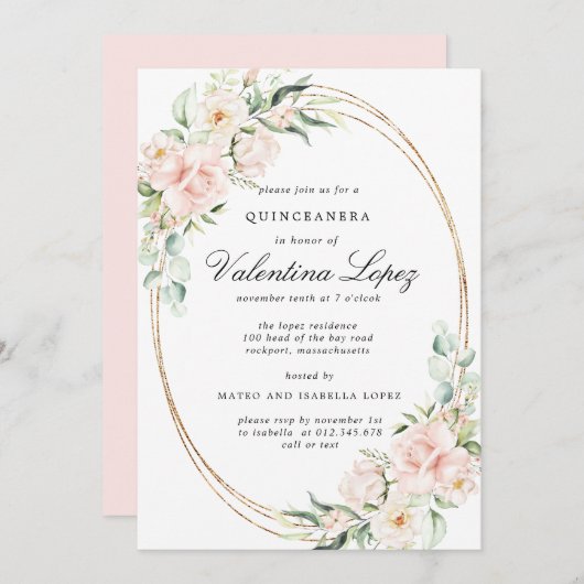Elegant Rosa Rose Rose Quinceanera Einladung (Vorne/Hinten)