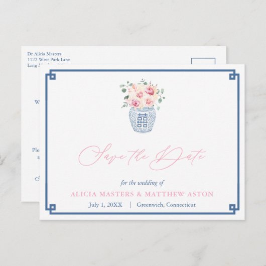 Elegant rosa Rosen Hochzeit der Marine speichern d Postkarte (Vorne/Hinten)